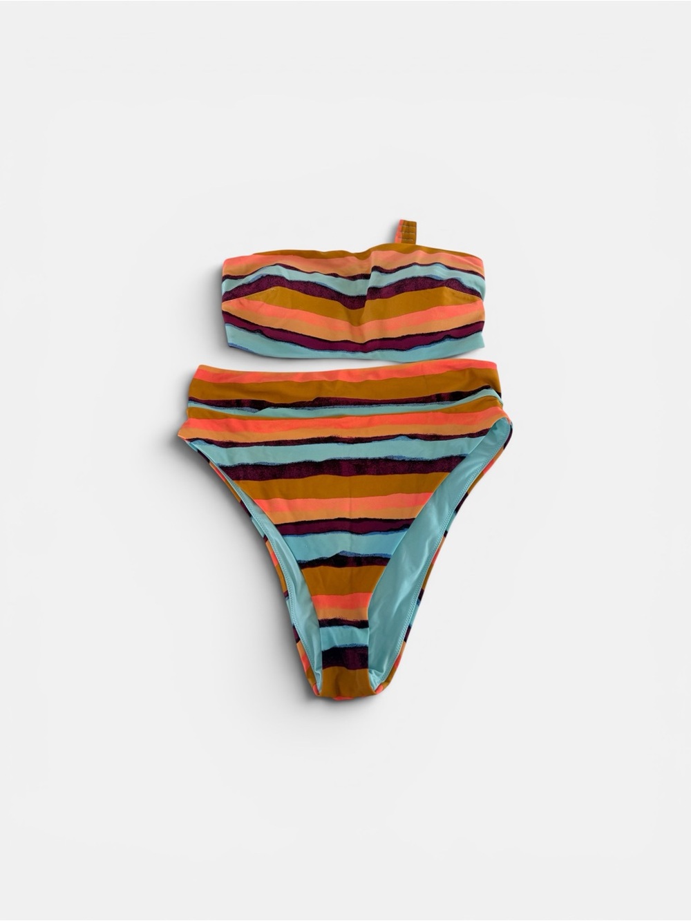 aerie Striped Bandeau Bikini Set in Aqua, Magenta & Orange